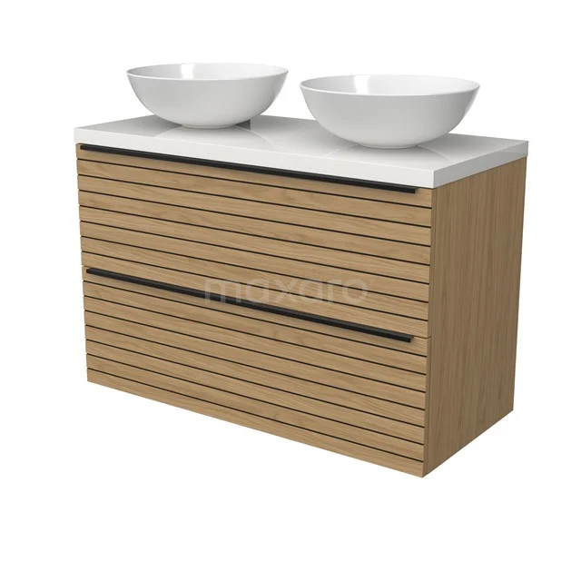 Modulo Plato Badmöbel mit Aufsatzwaschbecken | 100 cm Natürliches Furnier Streifen front Hochglanz Weiß blatt 2 übereinanderliegende Schubladen BMK17-03179 Modulo Plato Badmöbel mit Aufsatzwaschbecken | 100 cm Natürliches Furnier Streifen front Hochglanz Weiß blatt 2 übereinanderliegende Schubladen BMK17-03179