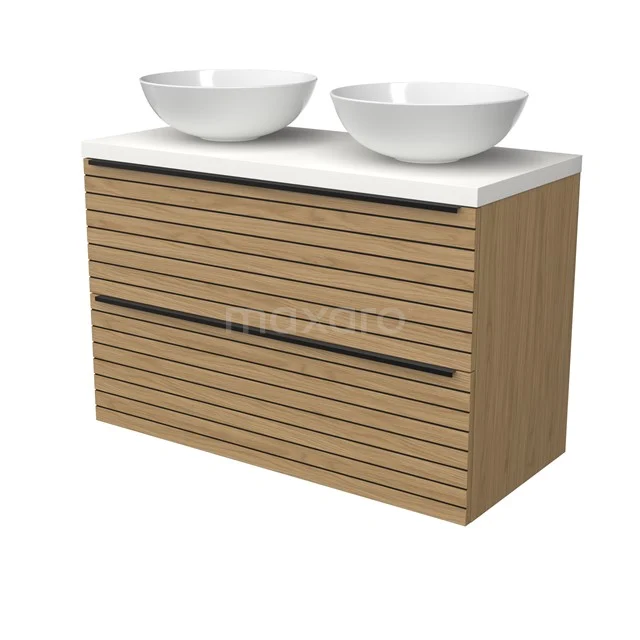 Modulo Plato Badmöbel mit Aufsatzwaschbecken | 100 cm Natürliches Furnier Streifen front Matt Weiß blatt 2 übereinanderliegende Schubladen BMK17-03180