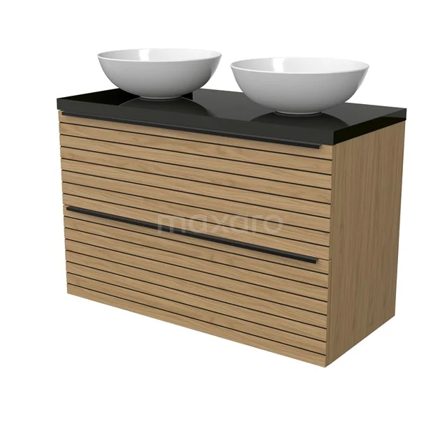 Modulo Plato Vanity units for countertop basin | 100 cm Natural veneer Strip front High-gloss black worktop 2 Stacked drawers BMK17-03182