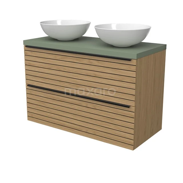 Modulo Plato Vanity units for countertop basin | 100 cm Natural veneer Strip front Sage green worktop 2 Stacked drawers BMK17-03183