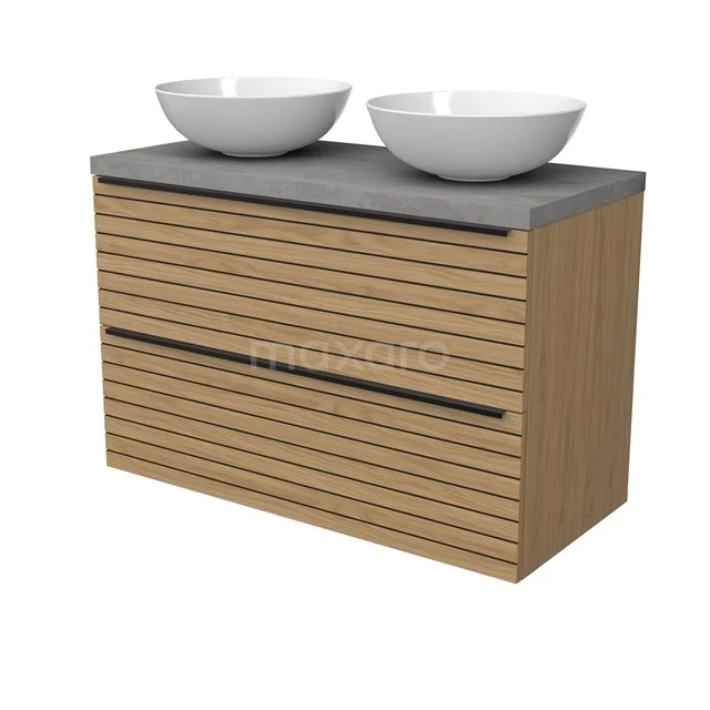 Modulo Plato Vanity units for countertop basin | 100 cm Natural veneer Strip front Light grey concrete worktop 2 Stacked drawers BMK17-03184