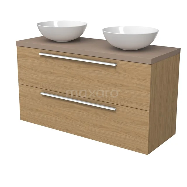 Modulo Plato Badmöbel mit Aufsatzwaschbecken | 120 cm Naturfurnier Flach front Taupe blatt 2 übereinanderliegende Schubladen BMK17-03188