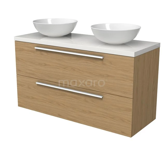 Modulo Plato Vanity units for countertop basin | 120 cm Natural veneer Flat front High-gloss white worktop 2 Stacked drawers BMK17-03190