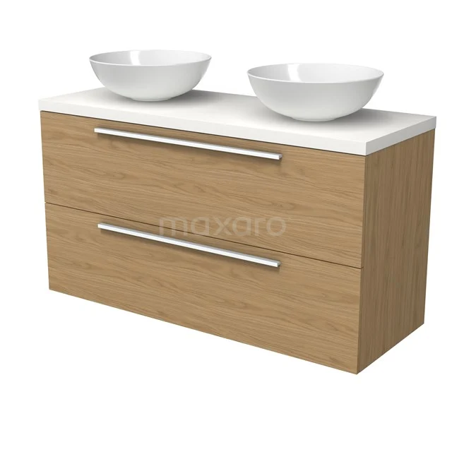 Modulo Plato Vanity units for countertop basin | 120 cm Natural veneer Flat front Matte white worktop 2 Stacked drawers BMK17-03191