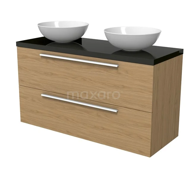 Modulo Plato Vanity units for countertop basin | 120 cm Natural veneer Flat front High-gloss black worktop 2 Stacked drawers BMK17-03193