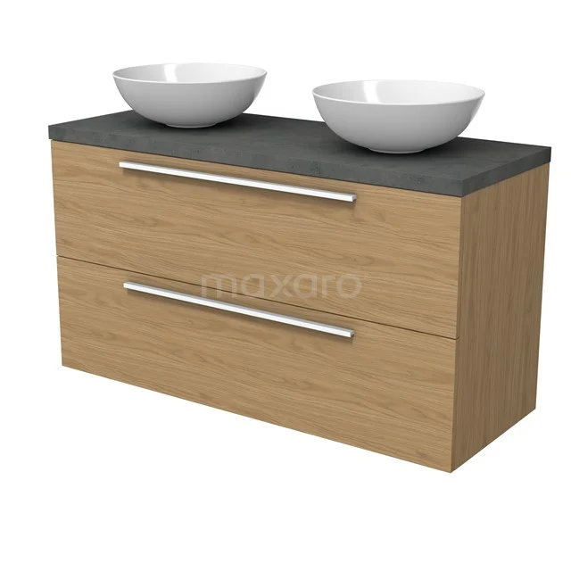 Modulo Plato Vanity units for countertop basin | 120 cm Natural veneer Flat front Dark grey concrete worktop 2 Stacked drawers BMK17-03196