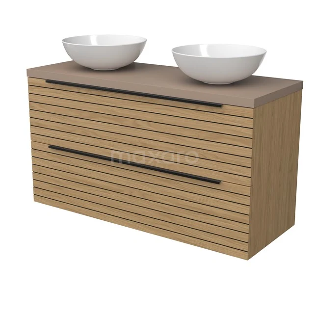 Modulo Plato Badmöbel mit Aufsatzwaschbecken | 120 cm Natürliches Furnier Streifen front Taupe blatt 2 übereinanderliegende Schubladen BMK17-03199