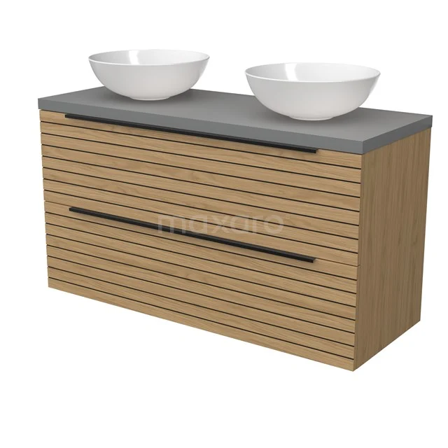 Modulo Plato Badmöbel mit Aufsatzwaschbecken | 120 cm Naturfurnier Streifen front Mittelgrau blatt 2 übereinanderliegende Schubladen BMK17-03200