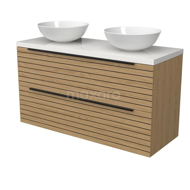 Modulo Plato Badmöbel mit Aufsatzwaschbecken | 120 cm Natürliches Furnier Streifen front Hochglanz Weiß blatt 2 übereinanderliegende Schubladen BMK17-03201