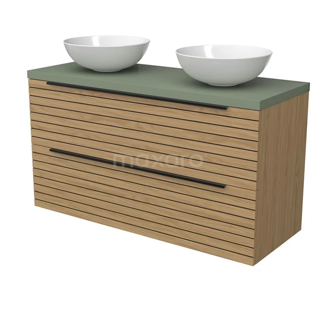 Modulo Plato Badmöbel mit Aufsatzwaschbecken | 120 cm Natürliches Furnier Streifen front Salbeigrün blatt 2 übereinanderliegende Schubladen BMK17-03205