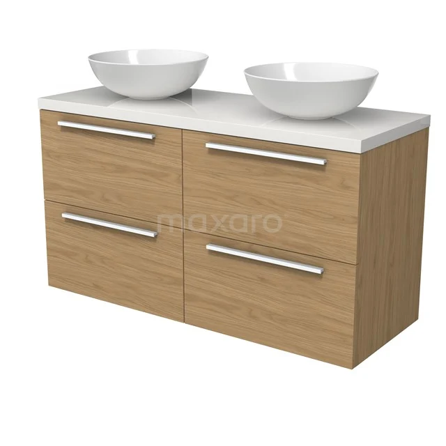 Modulo Plato Vanity units for countertop basin | 120 cm Natural veneer Flat front High-gloss white worktop 4 drawers BMK18-02197