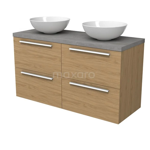 Modulo Plato Badmöbel mit Aufsatzwaschbecken | 120 cm Natürliches Furnier Flach front Hellgrauer Beton blatt 4 Schubladen BMK18-02202