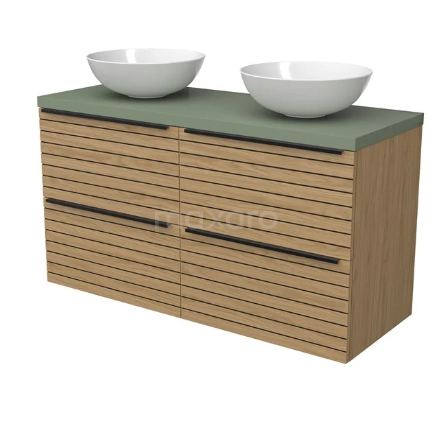 Modulo Plato Vanity units for countertop basin | 120 cm Natural veneer Strip front Sage green worktop 4 drawers BMK18-02212