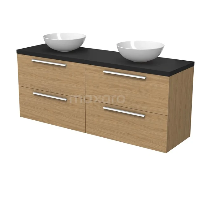 Modulo Plato Badmöbel mit Aufsatzwaschbecken | 160 cm Natürliches Furnier Flach front Matt Schwarz blatt 4 Schubladen BMK18-02216