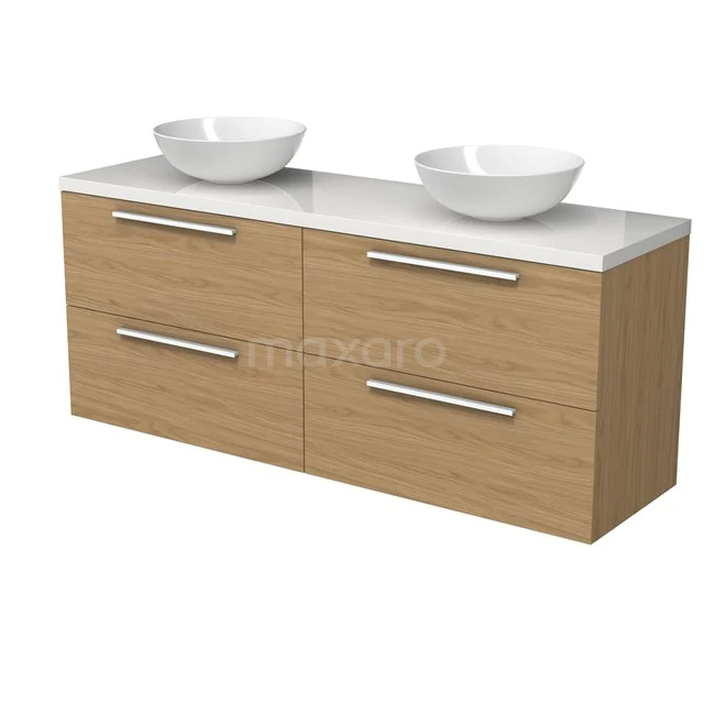 Modulo Plato Badmöbel mit Aufsatzwaschbecken | 160 cm Natürliches Furnier Flach front Hochglanz Weiß blatt 4 Schubladen BMK18-02219