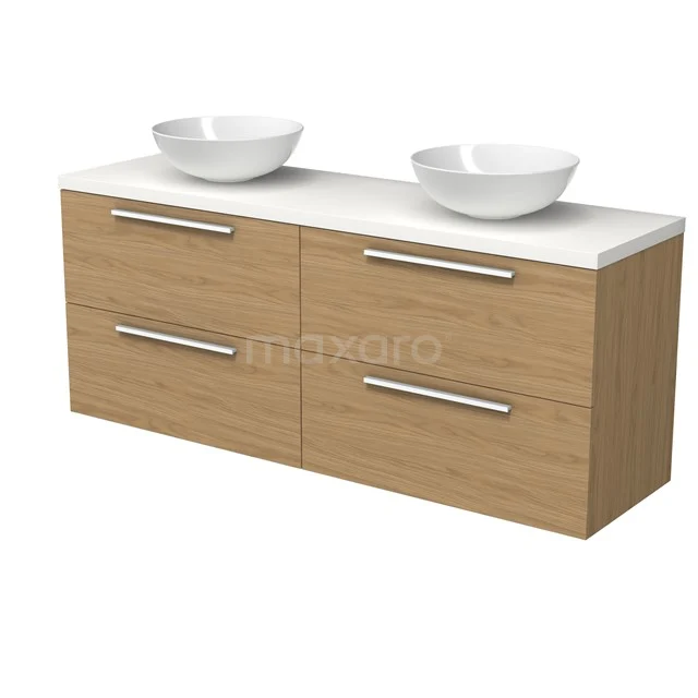 Modulo Plato Badmöbel mit Aufsatzwaschbecken | 160 cm Natürliches Furnier Flach front Matt Weiß blatt 4 Schubladen BMK18-02220