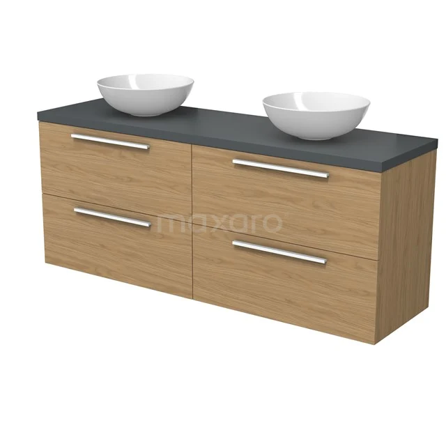 Modulo Plato Badmöbel mit Aufsatzwaschbecken | 160 cm Natürliches Furnier Flach front Mittelgrau blatt 4 Schubladen BMK18-02221