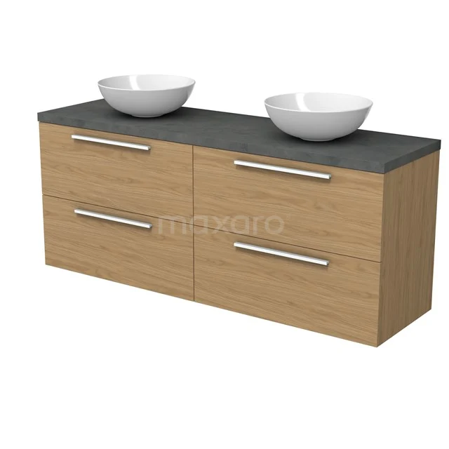 Modulo Plato Badmöbel mit Aufsatzwaschbecken | 160 cm Natürliches Furnier Flach front Dunkelgrauer Beton blatt 4 Schubladen BMK18-02225