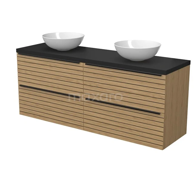 Modulo Plato Badmöbel mit Aufsatzwaschbecken | 160 cm Natürliches Furnier Streifen front Matt Schwarz blatt 4 Schubladen BMK18-02227