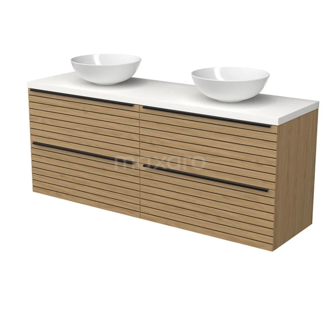 Modulo Plato Vanity units for countertop basin | 160 cm Natural veneer Strip front Matte white worktop 4 drawers BMK18-02231