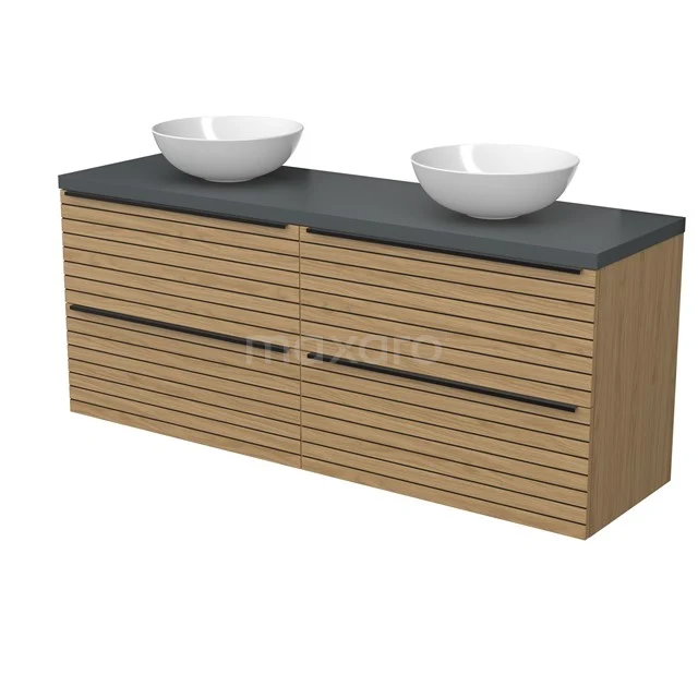 Modulo Plato Badmöbel mit Aufsatzwaschbecken | 160 cm Natürliches Furnier Streifen front Mittelgrau blatt 4 Schubladen BMK18-02232