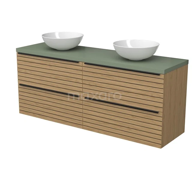 Modulo Plato Vanity units for countertop basin | 160 cm Natural veneer Strip front Sage green worktop 4 drawers BMK18-02234
