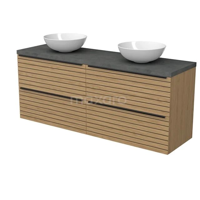 Modulo Plato Badmöbel mit Aufsatzwaschbecken | 160 cm Natürliches Furnier Streifen front Dunkelgrauer Beton blatt 4 Schubladen BMK18-02236