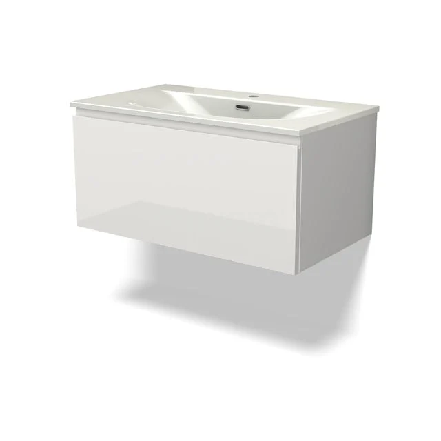 Modulo Vanity units with basin | 80 cm High-gloss white Handle-less front Ceramic 1 drawer BMW11-04785