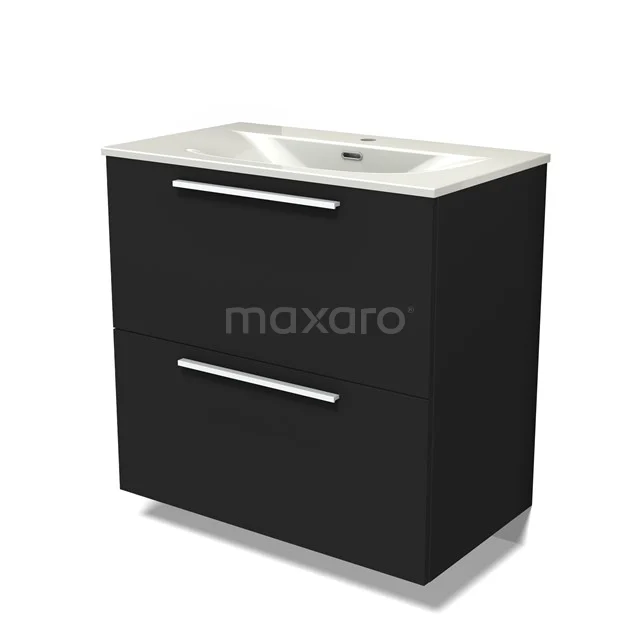 Modulo Vanity units with basin | 80 cm Matte black Flat front Ceramic 2 stacked drawers under each other BMW13-01549