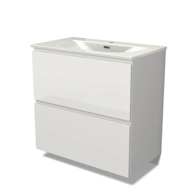 Modulo Vanity units with basin | 80 cm High-gloss white Handle-less front Ceramic 2 stacked drawers under each other BMW13-01557