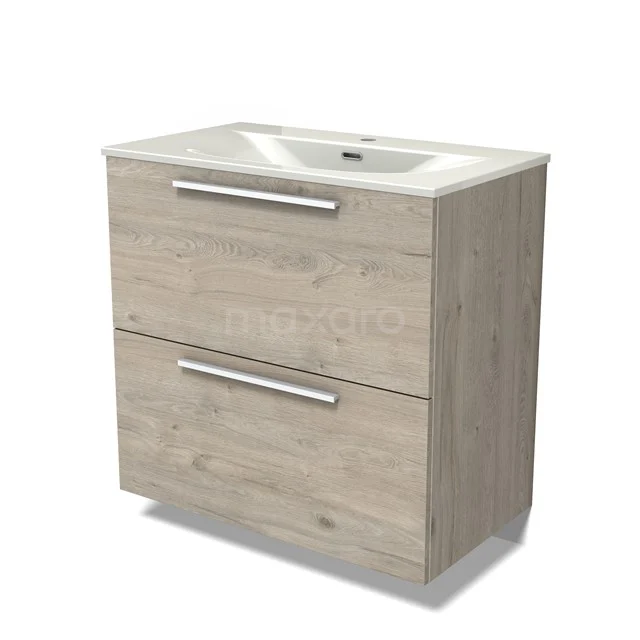 Modulo Vanity units with basin | 80 cm Light grey oak Flat front Ceramic 2 stacked drawers under each other BMW13-01568