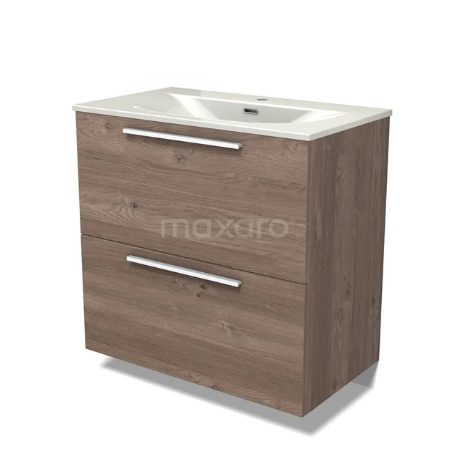 Modulo Vanity units with basin | 80 cm Mid brown oak Flat front Ceramic 2 stacked drawers under each other BMW13-01572