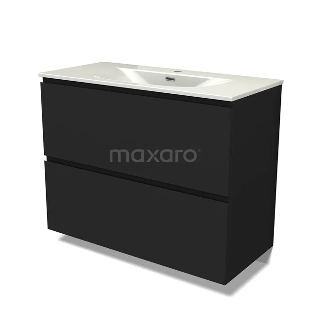 Modulo Vanity units with basin | 100 cm Matte black Handle-less front Ceramic 2 stacked drawers under each other BMW13-01582