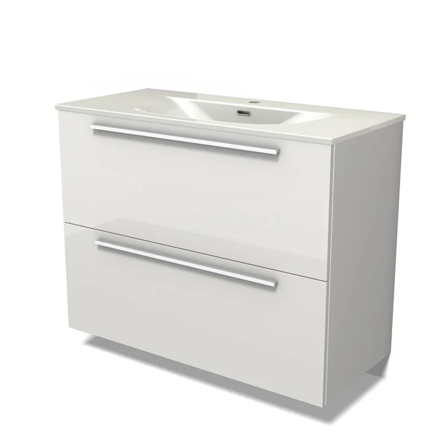 Modulo Bathroom furniture with sink | 100 cm High-gloss white Flat front Ceramic 2 stacked drawers under each other BMW13-01586