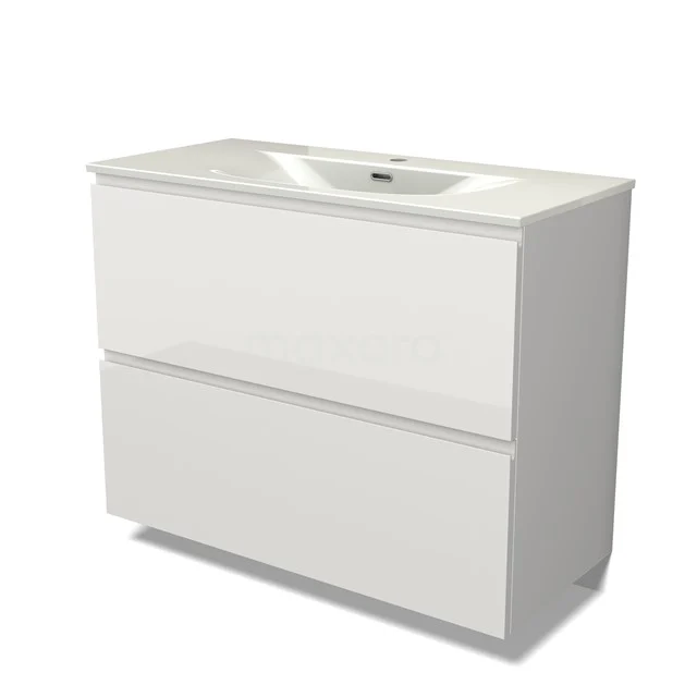 Modulo Vanity units with basin | 100 cm High-gloss white Handle-less front Ceramic 2 stacked drawers under each other BMW13-01588