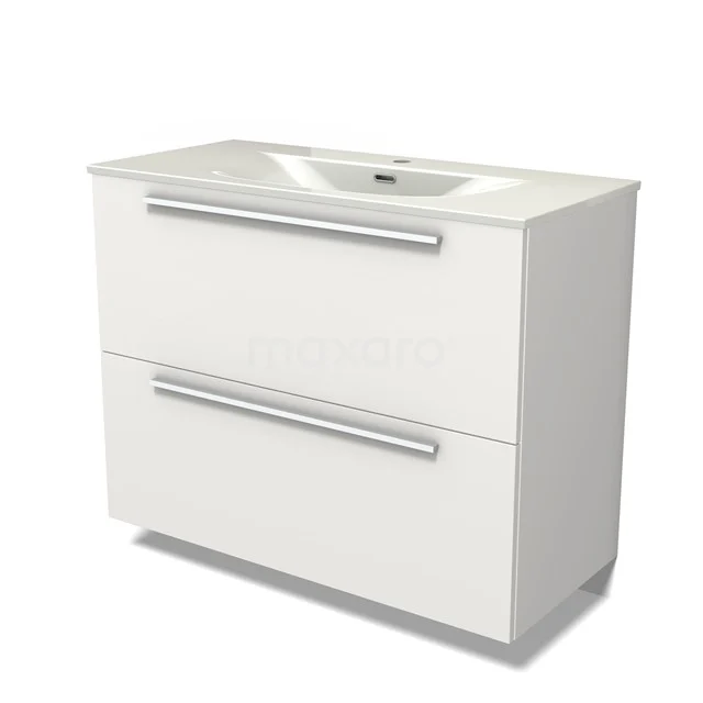 Modulo Vanity units with basin | 100 cm Matte white Flat front Ceramic 2 stacked drawers under each other BMW13-01589