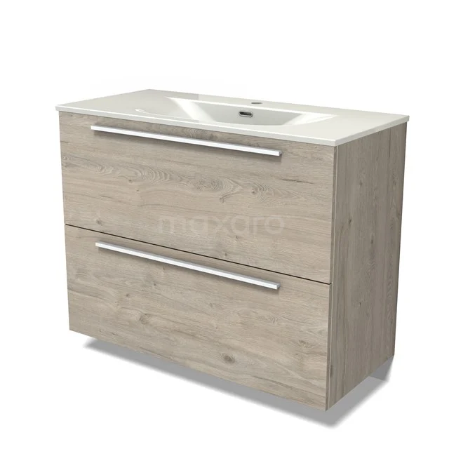 Modulo Vanity units with basin | 100 cm Light grey oak Flat front Ceramic 2 stacked drawers under each other BMW13-01599