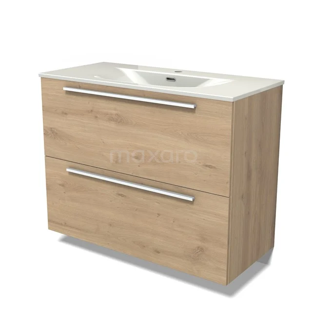 Modulo Vanity units with basin | 100 cm Light brown oak Flat front Ceramic 2 stacked drawers under each other BMW13-01601