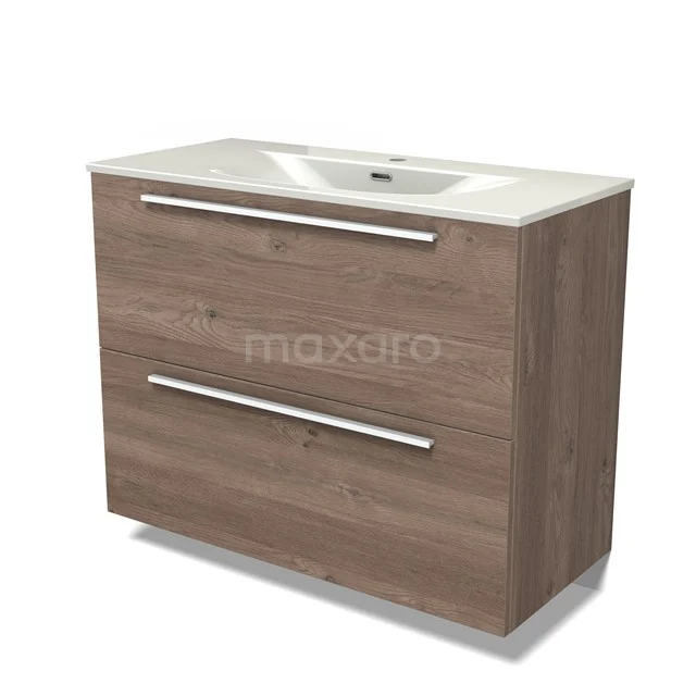 Modulo Bathroom furniture with sink | 100 cm Mid brown oak Flat front Ceramic 2 stacked drawers under each other BMW13-01603