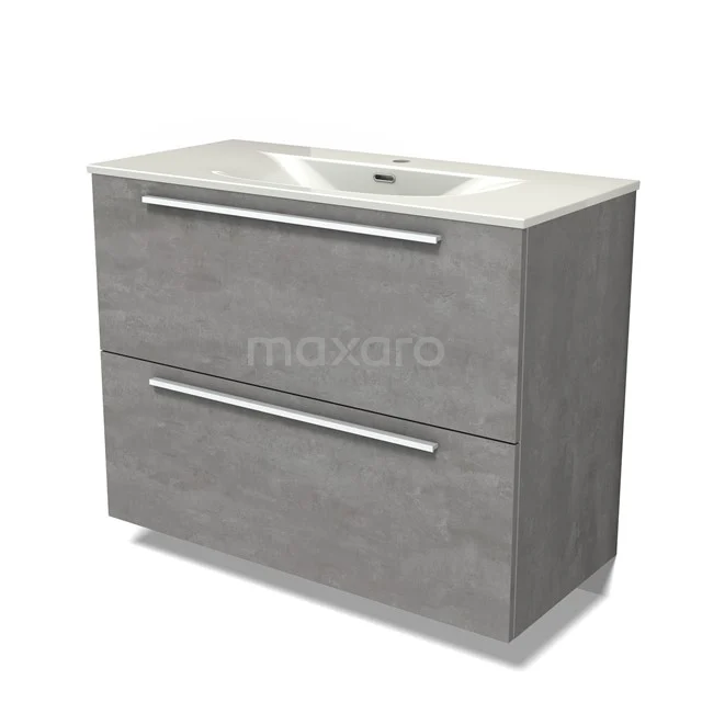Modulo Vanity units with basin | 100 cm Light grey concrete Flat front Ceramic 2 stacked drawers under each other BMW13-01609