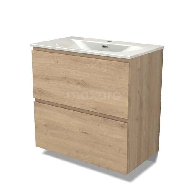 Modulo Waschtische | 80 cm Hellbraune Eiche Grifflos front Keramik 2 hohe Schubladen übereinanderliegend BMW13-01611