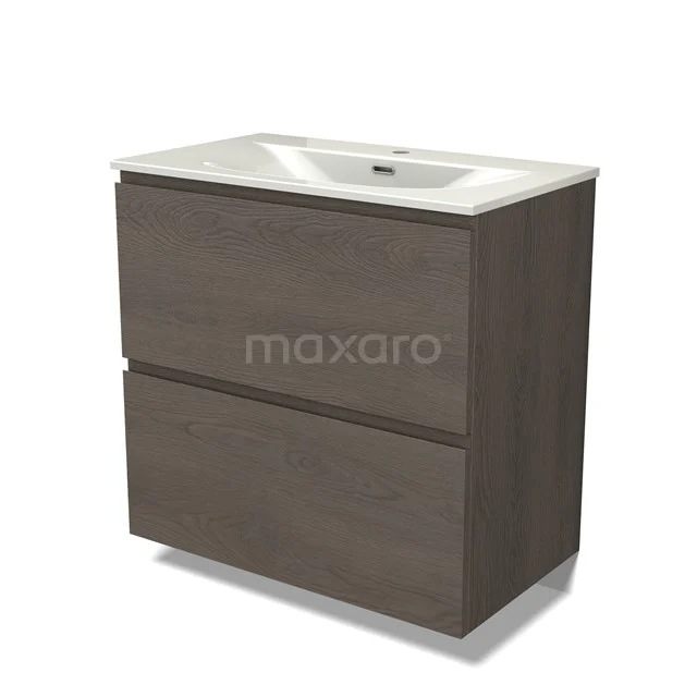 Modulo Vanity units with basin | 80 cm Dark brown oak Handle-less front Ceramic 2 stacked drawers under each other BMW13-01613