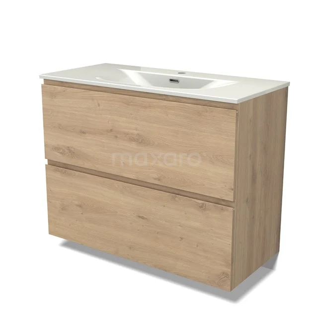 Modulo Vanity units with basin | 100 cm Light brown oak Handle-less front Ceramic 2 stacked drawers under each other BMW13-01614