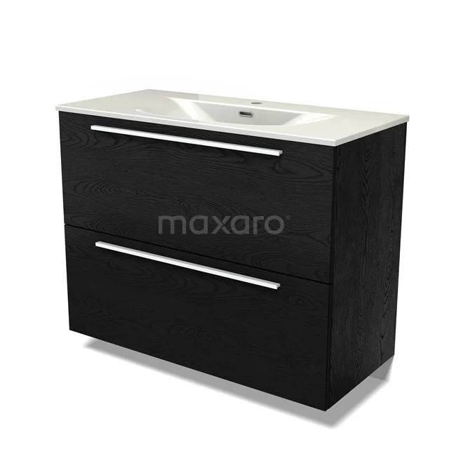 Modulo Vanity units with basin | 100 cm Black oak Flat front Ceramic 2 stacked drawers under each other BMW13-01625