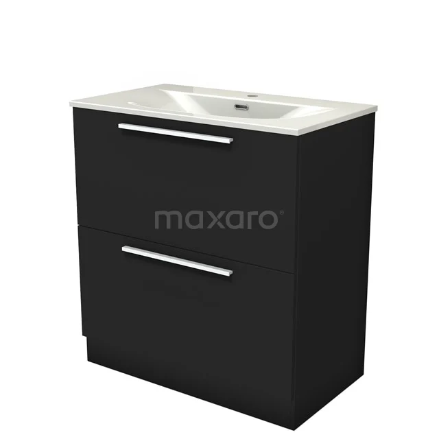 Modulo Vanity units with basin | 80 cm Matte black Flat front Ceramic 2 high drawers standing drawers under each other BMW13S-00349