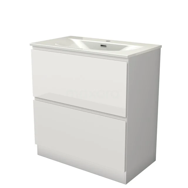 Modulo Vanity units with basin | 80 cm High-gloss white Handle-less front Ceramic 2 high drawers standing drawers under each other BMW13S-00354