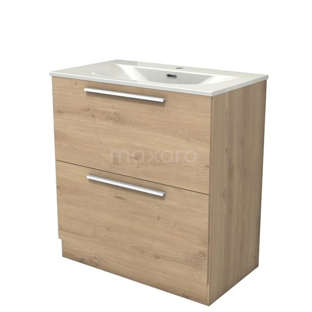 Modulo Waschtische | 80 cm Hellbraune Eiche Flach front Keramik 2 hohe Schubladen übereinanderliegend BMW13S-00355