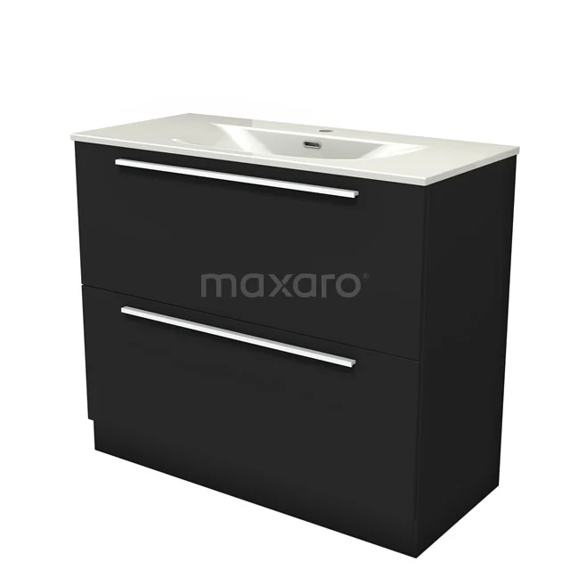 Modulo Vanity units with basin | 100 cm Matte black Flat front Ceramic 2 high drawers standing drawers under each other BMW13S-00357