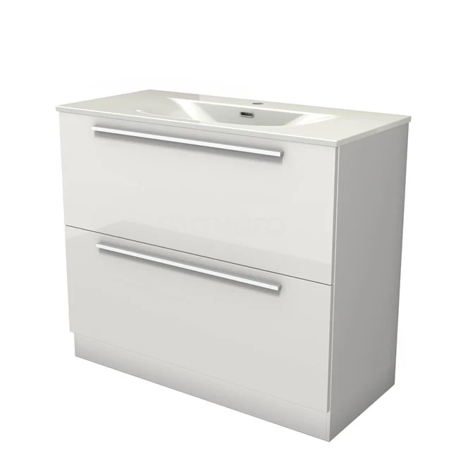 Modulo Vanity units with basin | 100 cm High-gloss white Flat front Ceramic 2 high drawers standing drawers under each other BMW13S-00360