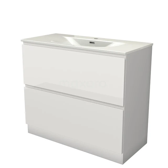 Modulo Vanity units with basin | 100 cm High-gloss white Handle-less front Ceramic 2 high drawers standing drawers under each other BMW13S-00362